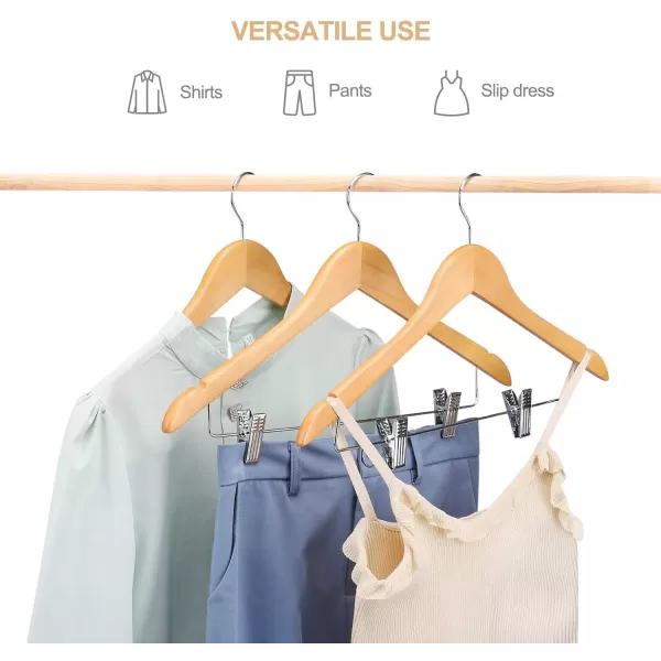 HOUSE DAY 12 Pack HighGrade Wooden Suit Hangers Skirt Hangers with Clips Solid Wood Pants Hangers Natural Smooth Finish Premium Wood Hangers with Durable Metal Clips for Blouse Dress Coat JacketNatural