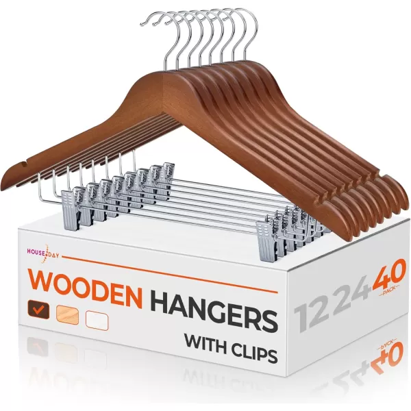 HOUSE DAY 12 Pack HighGrade Wooden Suit Hangers Skirt Hangers with Clips Solid Wood Pants Hangers Natural Smooth Finish Premium Wood Hangers with Durable Metal Clips for Blouse Dress Coat JacketWalnut