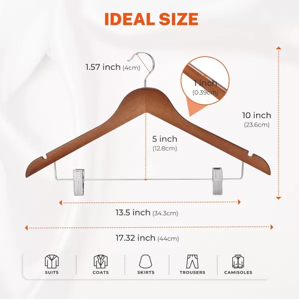 HOUSE DAY 12 Pack HighGrade Wooden Suit Hangers Skirt Hangers with Clips Solid Wood Pants Hangers Natural Smooth Finish Premium Wood Hangers with Durable Metal Clips for Blouse Dress Coat JacketWalnut