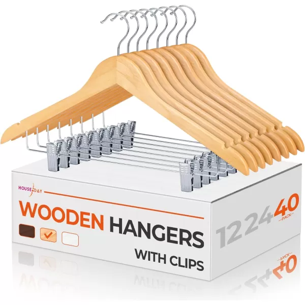 HOUSE DAY 12 Pack HighGrade Wooden Suit Hangers Skirt Hangers with Clips Solid Wood Pants Hangers Natural Smooth Finish Premium Wood Hangers with Durable Metal Clips for Blouse Dress Coat JacketNatural