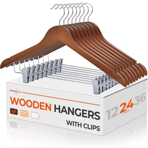 HOUSE DAY 12 Pack HighGrade Wooden Suit Hangers Skirt Hangers with Clips Solid Wood Pants Hangers Natural Smooth Finish Premium Wood Hangers with Durable Metal Clips for Blouse Dress Coat JacketWalnut