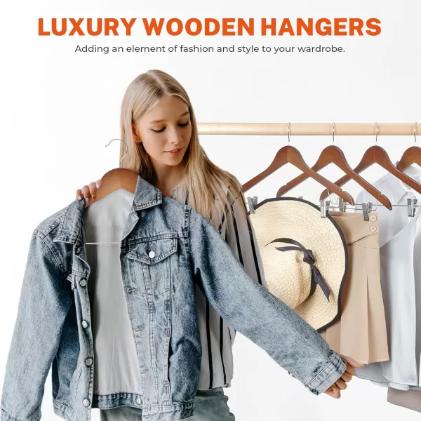 HOUSE DAY 12 Pack HighGrade Wooden Suit Hangers Skirt Hangers with Clips Solid Wood Pants Hangers Natural Smooth Finish Premium Wood Hangers with Durable Metal Clips for Blouse Dress Coat JacketWalnut