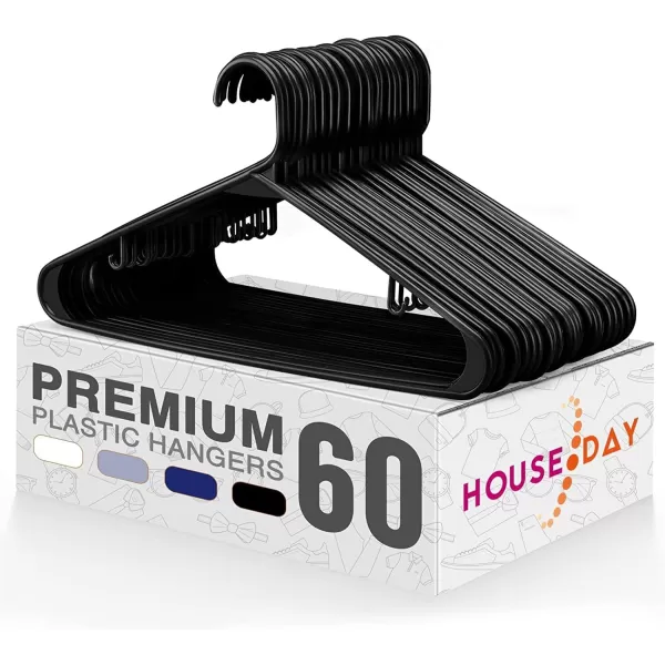 HOUSE DAY Black Plastic Hangers 60 Pack Clothes Hangers with Non Slip Hooks Durable ampamp Space Saving Coat Hanger LightWeight Clothing Hangers Perfect Closet Organizer for Everyday UseBlack