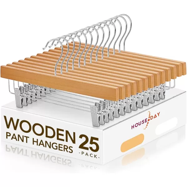 HOUSE DAY Premium Wooden Pants Hangers 25 Pack Solid Lotus Wood Skirt Hangers with 2Adjustable Clips Heavy Duty ampamp Anti Slip Wood Bottom Hangers for Slacks Jeans Trousers Shorts NaturalNatural