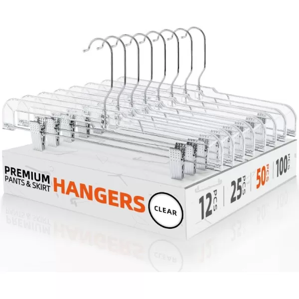 HOUSE DAY 12 Pack 14 inch Clear Plastic Skirt Hangers with Adjustable Clips Pants Hangers 360Rotating Swivel Hook Clip Hangers for Pants Trousers Skirts Jeans Bulk Plastic Hangers50PC