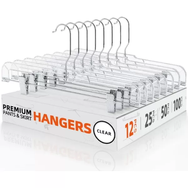 HOUSE DAY 12 Pack 14 inch Clear Plastic Skirt Hangers with Adjustable Clips Pants Hangers 360Rotating Swivel Hook Clip Hangers for Pants Trousers Skirts Jeans Bulk Plastic Hangers12PC