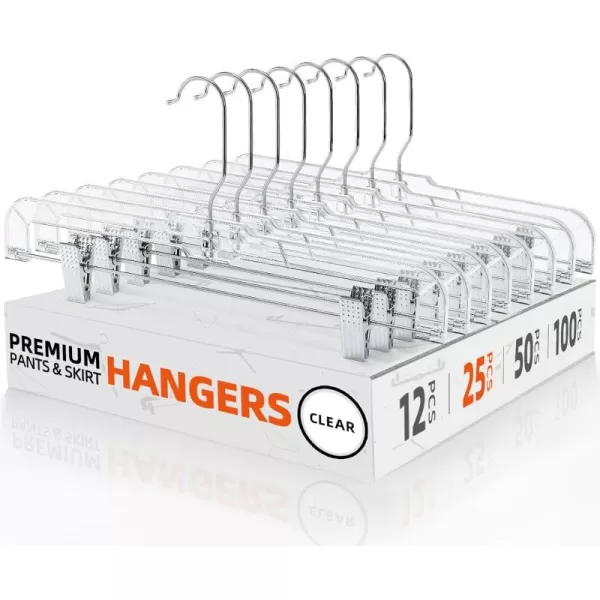 HOUSE DAY 12 Pack 14 inch Clear Plastic Skirt Hangers with Adjustable Clips Pants Hangers 360Rotating Swivel Hook Clip Hangers for Pants Trousers Skirts Jeans Bulk Plastic Hangers25PC