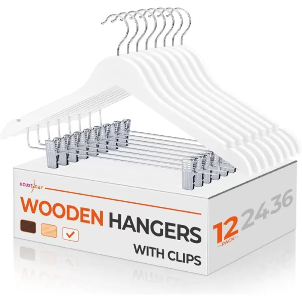 HOUSE DAY 12 Pack HighGrade Wooden Suit Hangers Skirt Hangers with Clips Solid Wood Pants Hangers Natural Smooth Finish Premium Wood Hangers with Durable Metal Clips for Blouse Dress Coat JacketWhite