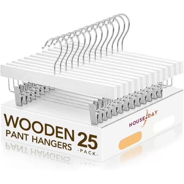 HOUSE DAY Premium Wooden Pants Hangers 25 Pack Solid Lotus Wood Skirt Hangers with 2Adjustable Clips Heavy Duty ampamp Anti Slip Wood Bottom Hangers for Slacks Jeans Trousers Shorts NaturalWhite