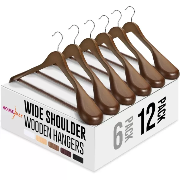 HOUSE DAY Wide Shoulder Wooden Hangers Suit Hangers with Non Slip Pants Bar Smooth Finish 360 Swivel Hook Solid Wood Coat Hangers for Dress Jacket Pants Heavy Clothes Hangers 6 Pack WalnutWalnut