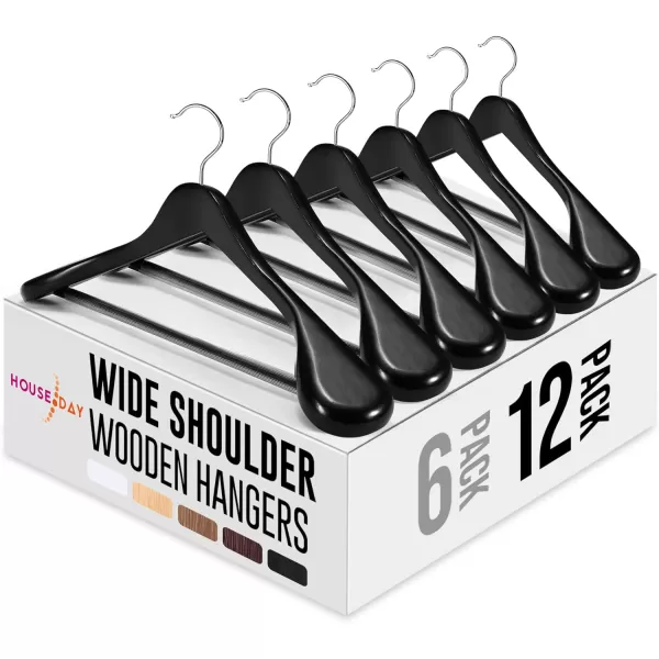 HOUSE DAY Wide Shoulder Wooden Hangers Suit Hangers with Non Slip Pants Bar Smooth Finish 360 Swivel Hook Solid Wood Coat Hangers for Dress Jacket Pants Heavy Clothes Hangers 6 Pack WalnutBlack