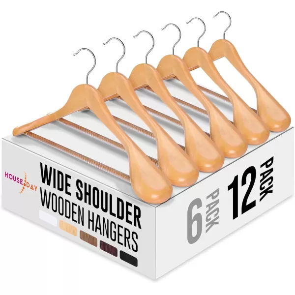 HOUSE DAY Wide Shoulder Wooden Hangers Suit Hangers with Non Slip Pants Bar Smooth Finish 360 Swivel Hook Solid Wood Coat Hangers for Dress Jacket Pants Heavy Clothes Hangers 6 Pack WalnutNatural