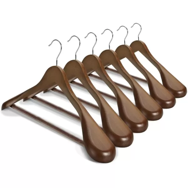 HOUSE DAY Wide Shoulder Wooden Hangers Suit Hangers with Non Slip Pants Bar Smooth Finish 360 Swivel Hook Solid Wood Coat Hangers for Dress Jacket Pants Heavy Clothes Hangers 6 Pack WalnutWalnut