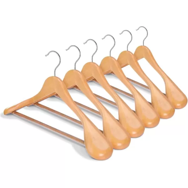 HOUSE DAY Wide Shoulder Wooden Hangers Suit Hangers with Non Slip Pants Bar Smooth Finish 360 Swivel Hook Solid Wood Coat Hangers for Dress Jacket Pants Heavy Clothes Hangers 6 Pack WalnutNatural