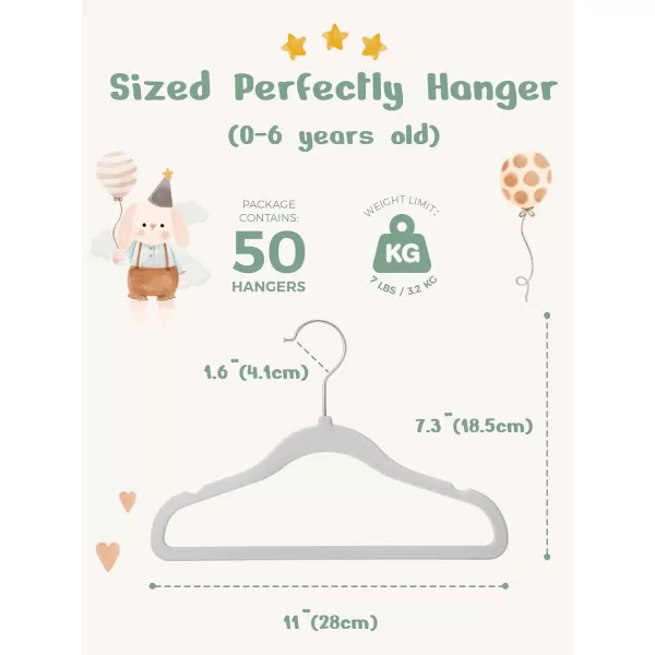 HOUSE DAY Velvet Baby Hangers 50 Pack Premium Childrens Hangers for Baby Infant ampamp Toddler Clothes Durable Non Slip Baby Felt Hangers Beige 11 Inch Baby Hangers for Closet Ideal for Everyday UseLight Grey