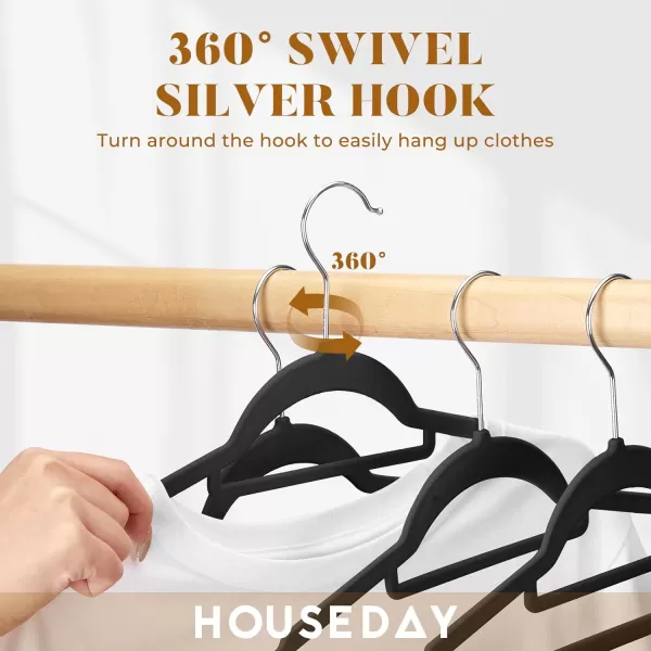 HOUSE DAY Velvet Hangers 60 Pack NonSlip Hangers with Tie Bar Premium Clothes Hangers Slim Felt Hangers Standard Hangers 360 Swivel Hook for Closet Organized StorageElegance Black 72gPcElegance Black