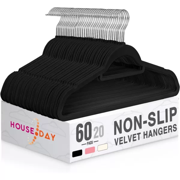 HOUSE DAY Velvet Hangers 60 Pack NonSlip Hangers with Tie Bar Premium Clothes Hangers Slim Felt Hangers Standard Hangers 360 Swivel Hook for Closet Organized StorageElegance Black 72gPcElegance Black