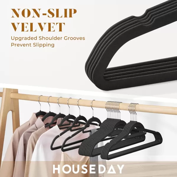 HOUSE DAY Velvet Hangers 60 Pack NonSlip Hangers with Tie Bar Premium Clothes Hangers Slim Felt Hangers Standard Hangers 360 Swivel Hook for Closet Organized StorageElegance Black 72gPcElegance Black