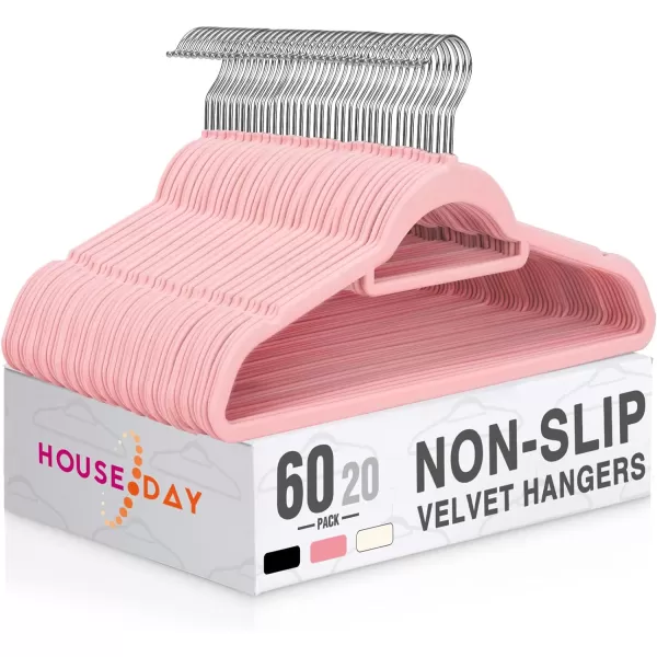 HOUSE DAY Velvet Hangers 60 Pack NonSlip Hangers with Tie Bar Premium Clothes Hangers Slim Felt Hangers Standard Hangers 360 Swivel Hook for Closet Organized StorageElegance Black 72gPcElegance Pink