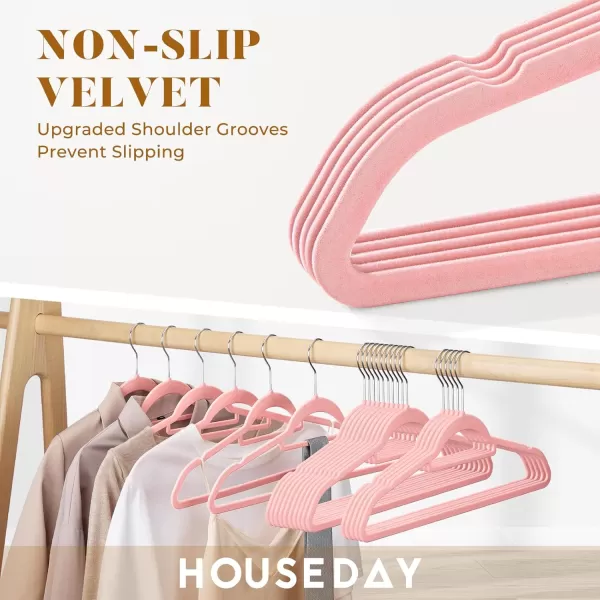 HOUSE DAY Velvet Hangers 60 Pack NonSlip Hangers with Tie Bar Premium Clothes Hangers Slim Felt Hangers Standard Hangers 360 Swivel Hook for Closet Organized StorageElegance Black 72gPcElegance Pink