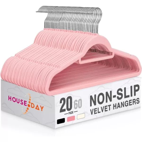 HOUSE DAY Velvet Hangers 60 Pack NonSlip Hangers with Tie Bar Premium Clothes Hangers Slim Felt Hangers Standard Hangers 360 Swivel Hook for Closet Organized StorageElegance Black 72gPcElegance Pink