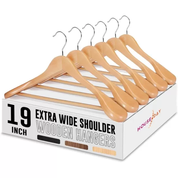 HOUSE DAY 19 Extra Wide Shoulder Wooden Hangers 6 Pack Premium Large Wood Suit Hangers With Non Slip Pant Holder Wide Shoulder Hangers for Suits Coats Jackets Heavy Wide Clothes Hanger NaturalNatural