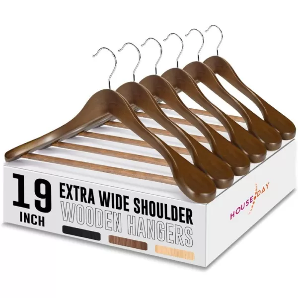 HOUSE DAY 19 Extra Wide Shoulder Wooden Hangers 6 Pack Premium Large Wood Suit Hangers With Non Slip Pant Holder Wide Shoulder Hangers for Suits Coats Jackets Heavy Wide Clothes Hanger NaturalWalnut