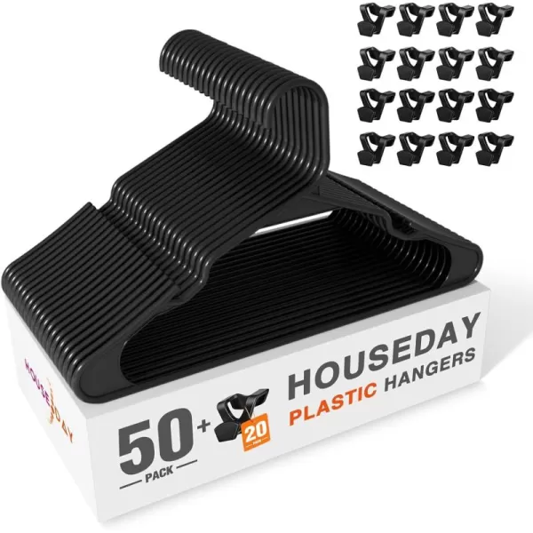 HOUSE DAY Black Plastic Hangers 50 Pack with 20 Pack Hanger Connector Hooks Premium Slim Clothes Notched Hangers Space Saving Heavy Duty Closet Hangers for Coat Suit Shirt DressBlack