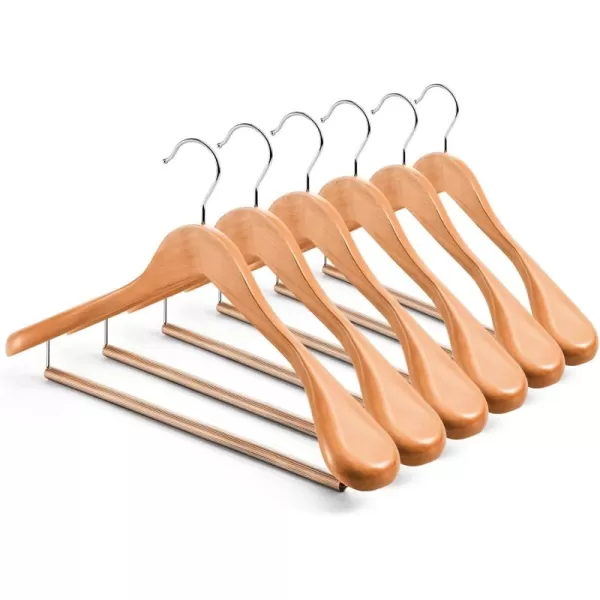 HOUSE DAY Wide Shoulder Wooden Hangers Wood Suit Hangers with Non Slip Pant Holder Heavy Duty Coat Hangers for Closet Wooden Clothes Hangers for Suits Coats Jackets Shirts 6 Pack WalnutNatural