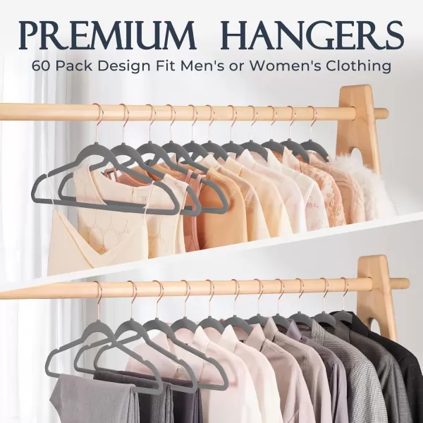 HOUSE DAY Grey Velvet Hangers 60 Pack Premium Clothes Hangers NonSlip Felt Hangers Sturdy Grey Hangers Heavy Duty Coat Hangers Space Saving Durable Suit Hangers No Hanger Marks Rose Gold HookGray