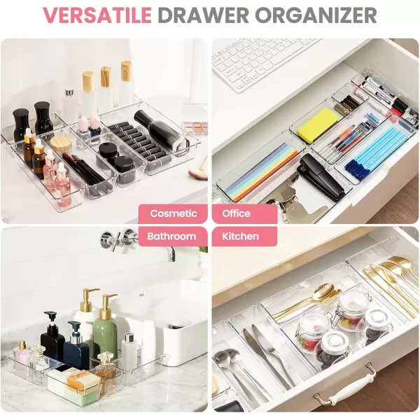 HOUSE DAY Makeup Drawer Organizer Trays 24 PCS 4Size Clear Drawer Organizers with Silicone Pads Vanity Organizers and Storage Non Slip Plastic Drawer Organizer for Desk Bathroom Kitchen Office17 Pcs