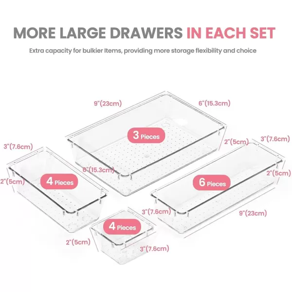 HOUSE DAY Makeup Drawer Organizer Trays 24 PCS 4Size Clear Drawer Organizers with Silicone Pads Vanity Organizers and Storage Non Slip Plastic Drawer Organizer for Desk Bathroom Kitchen Office17 Pcs