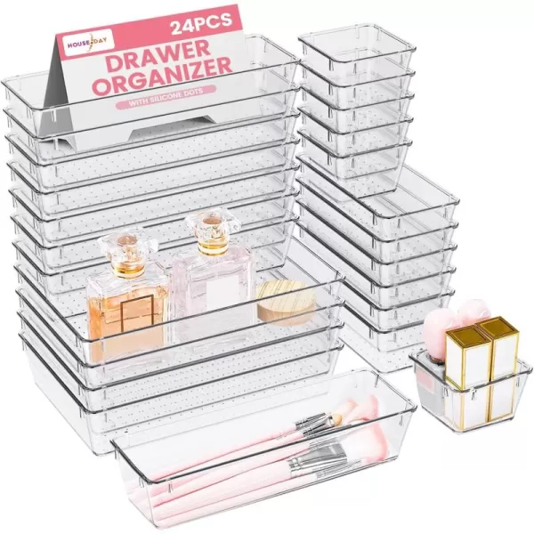 HOUSE DAY Makeup Drawer Organizer Trays 24 PCS 4Size Clear Drawer Organizers with Silicone Pads Vanity Organizers and Storage Non Slip Plastic Drawer Organizer for Desk Bathroom Kitchen Office24 Pcs