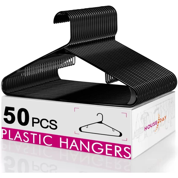 imageHOUSE DAY Black Plastic Hangers 50 Pack Plastic Clothes Hangers Shirt Hangers Space Saving Plastic Coat Hangers for Closet Clothing Hangers Adult Hangers for Shirts Coats Skirt DressBlack