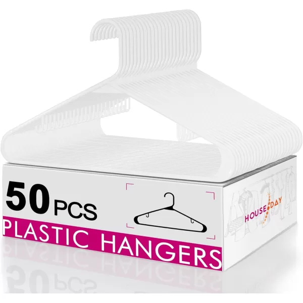 imageHOUSE DAY Black Plastic Hangers 50 Pack Plastic Clothes Hangers Shirt Hangers Space Saving Plastic Coat Hangers for Closet Clothing Hangers Adult Hangers for Shirts Coats Skirt DressWhite