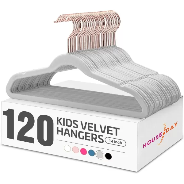 imageHOUSE DAY Velvet Kids Hangers 120 Pack Premium Childrens Hangers for Closet Slim Cute Hangers Kids Clothes Hanger Non Slip Kids Felt Hangers 14 Inch Small Hangers for Kids Clothes Blush PinkGray