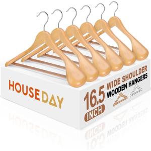 imageHOUSE DAY 165quot Wooden Suit Hangers 6 PackHeavy Duty Wide Shoulder Hangers Solid Wood Coat Hangers with NonSlip Pant Bar for Petite Adults Teens and Small Suits Coats Jackets WhiteNatural