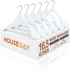 imageHOUSE DAY 165quot Wooden Suit Hangers 6 PackHeavy Duty Wide Shoulder Hangers Solid Wood Coat Hangers with NonSlip Pant Bar for Petite Adults Teens and Small Suits Coats Jackets WhiteWhite