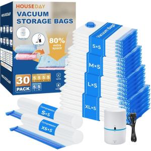imageHOUSE DAY 18 Pack Vacuum Storage Bags with Electric Pump Valve Space Saver Vacuum Seal Bags for Clothing Comforters and Travel Essentials 3 Jumbo3 Large3 Medium3 Small3 Small3 XS Roll Up Bag30 ComboE PUMP