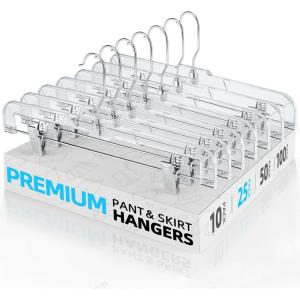 imageHOUSE DAY Bulk Clear Pants Hangers with Clips 500 Pack NonSlip Plastic Skirt Hanger with 2 Adjustable Clips Slim Clip Hangers for Pants Skirts Shorts 14quot Clear Hanger 360Rotating Swivel Hook25pcs
