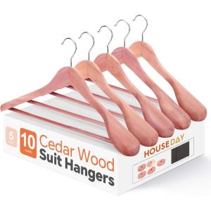 imageHOUSE DAY Wide Shoulder Cedar Hangers for Suits and Coats with Non Slip Pant Bar360 Swivel Hook Smooth Finish Cedar Wood Hangers for Closet Closet Essentials 5 Pack10