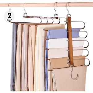 imageHOUSE DAY Pants Hangers Space Saving Wood Jean Hangers for Closet Non Slip Multi Functional Pants Rack Hanger Multiuse Pant Organizer for Closet Space Saving Hangers for Pants 4PACK BlackWalnut