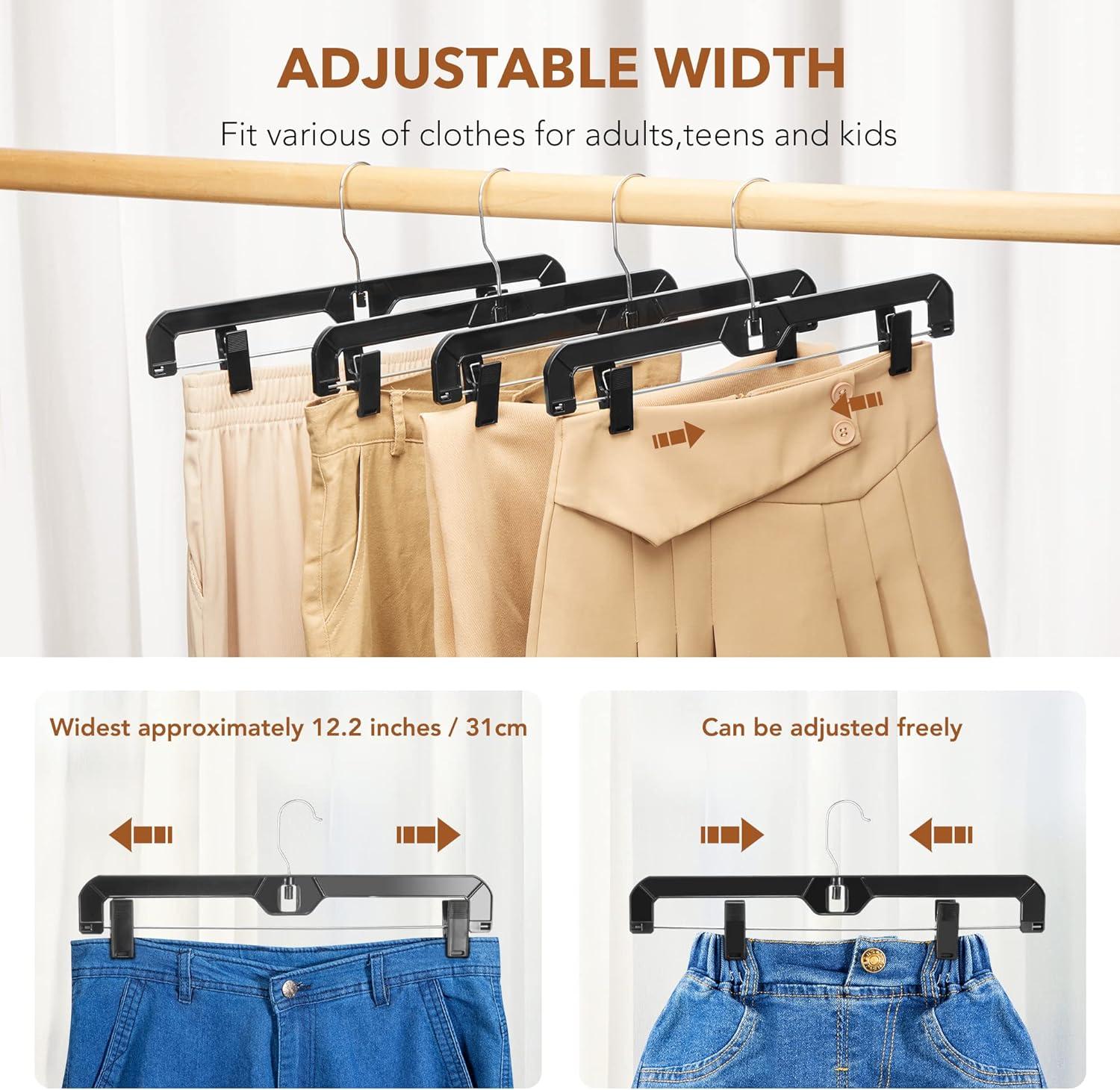 imageHOUSE DAY 120 Pack Clear Pants Hangers with Clips Plastic Skirt Hangers for Women 14 Inch Clip Hanger for Pants Skirts Jeans Shorts Legging with 360degree Swivel Hook 2 Adjustable ClipsBlack