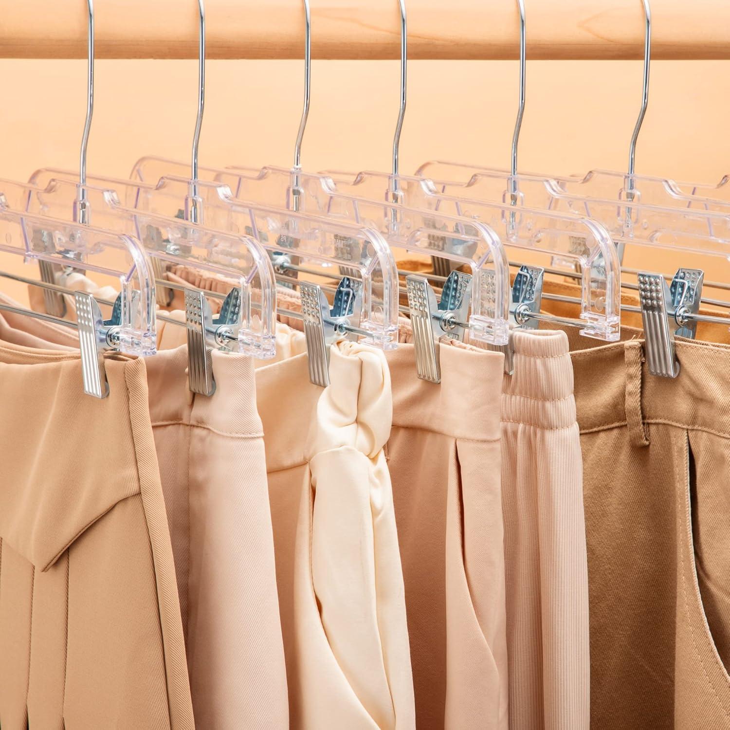 imageHOUSE DAY 120 Pack Clear Pants Hangers with Clips Plastic Skirt Hangers for Women 14 Inch Clip Hanger for Pants Skirts Jeans Shorts Legging with 360degree Swivel Hook 2 Adjustable ClipsClear