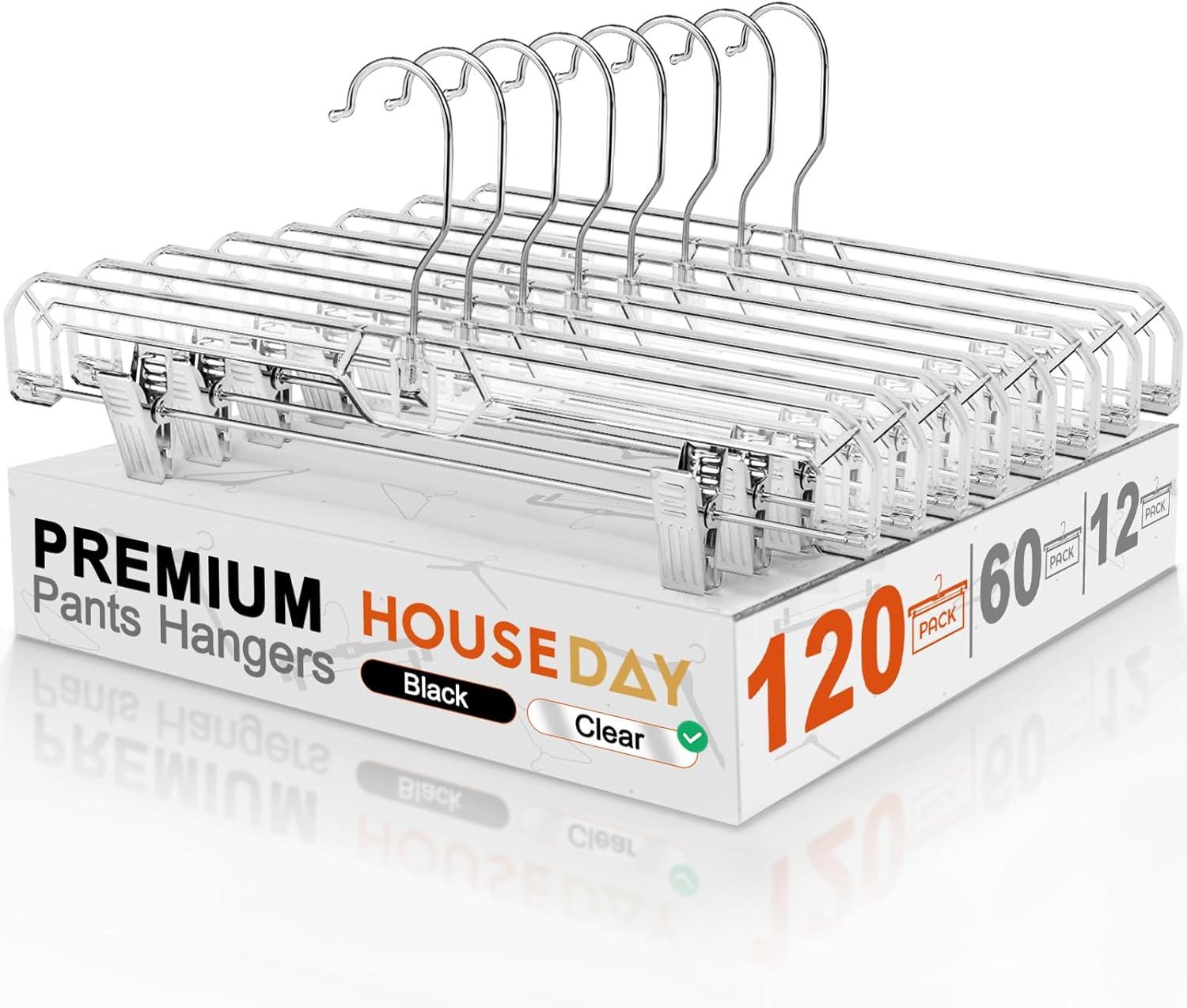 imageHOUSE DAY 120 Pack Clear Pants Hangers with Clips Plastic Skirt Hangers for Women 14 Inch Clip Hanger for Pants Skirts Jeans Shorts Legging with 360degree Swivel Hook 2 Adjustable ClipsClear