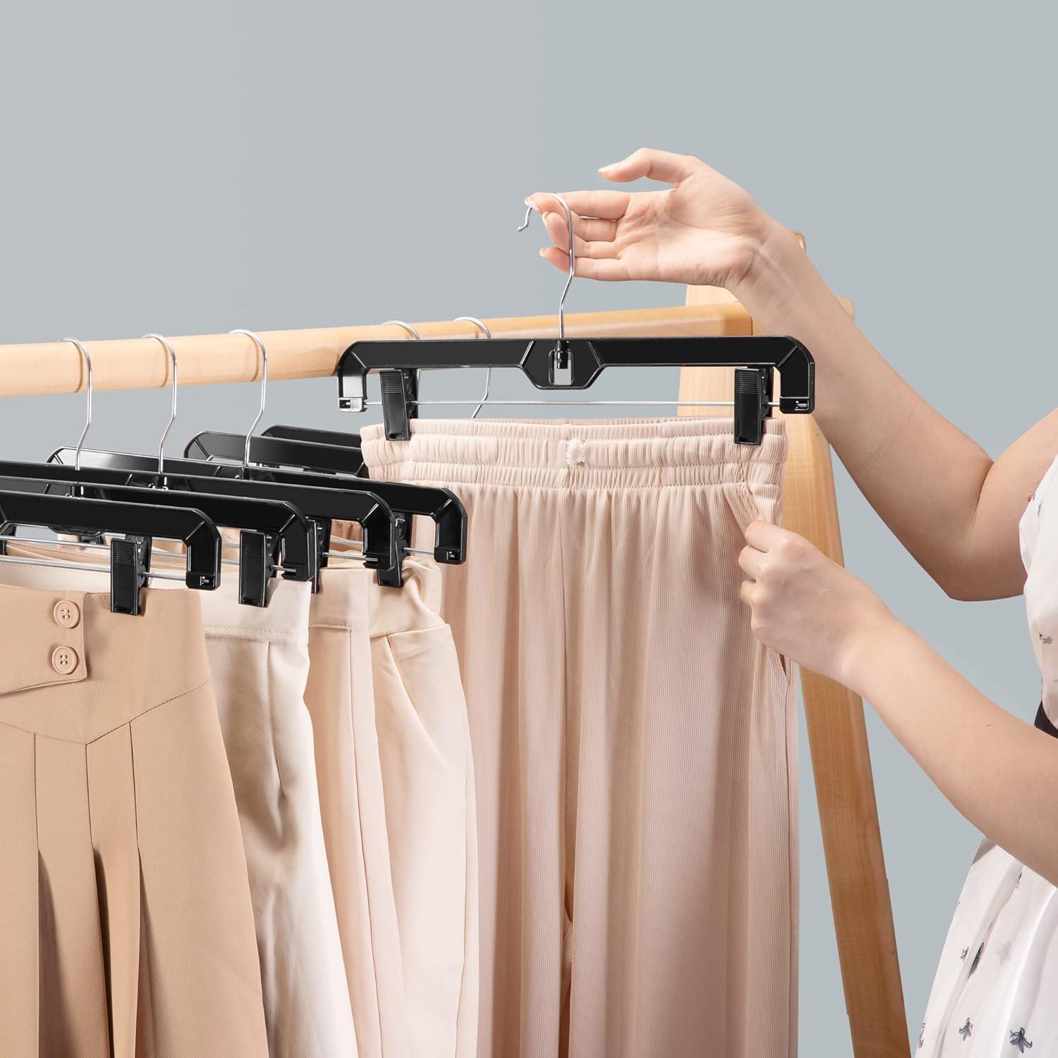 imageHOUSE DAY 120 Pack Clear Pants Hangers with Clips Plastic Skirt Hangers for Women 14 Inch Clip Hanger for Pants Skirts Jeans Shorts Legging with 360degree Swivel Hook 2 Adjustable ClipsBlack