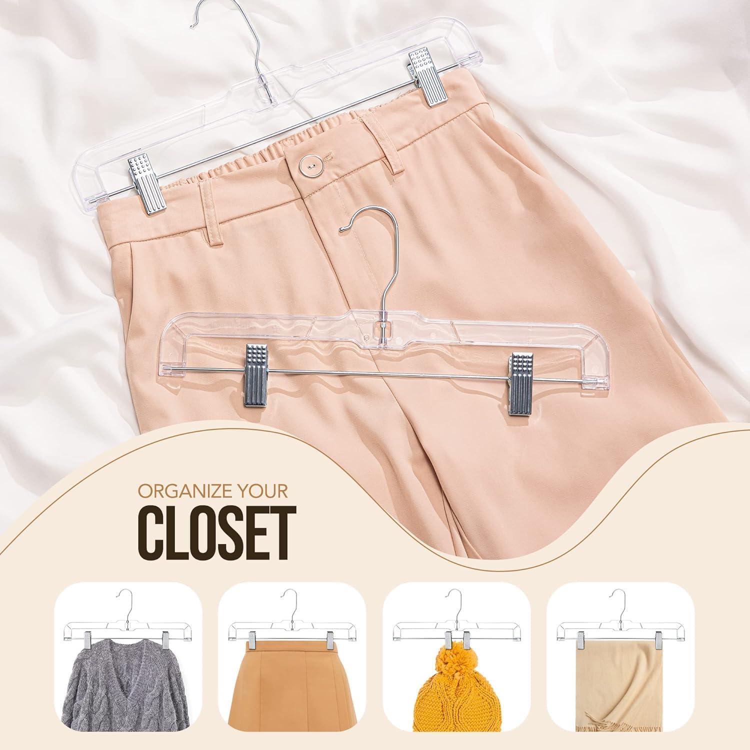 imageHOUSE DAY 120 Pack Clear Pants Hangers with Clips Plastic Skirt Hangers for Women 14 Inch Clip Hanger for Pants Skirts Jeans Shorts Legging with 360degree Swivel Hook 2 Adjustable ClipsClear