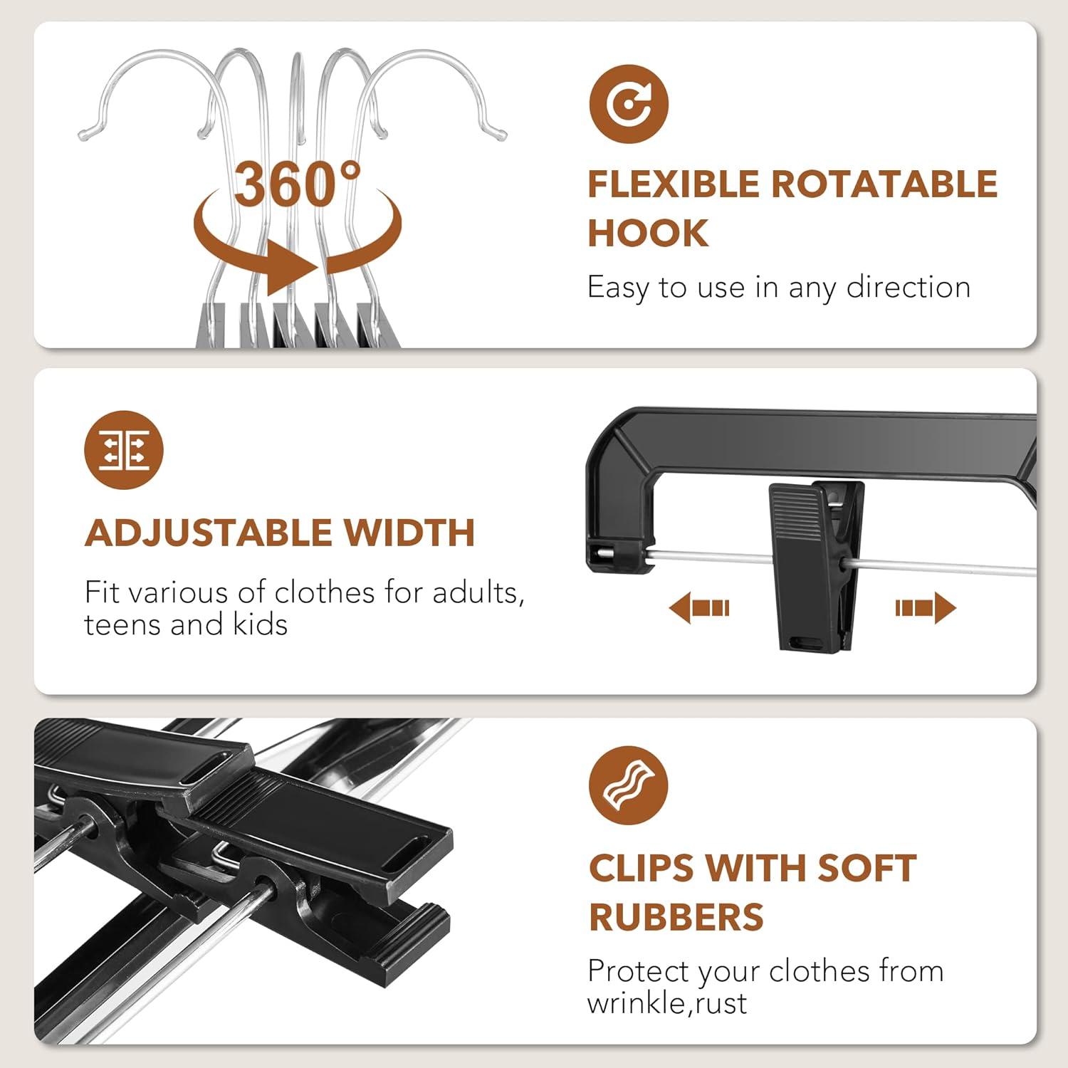 imageHOUSE DAY 120 Pack Clear Pants Hangers with Clips Plastic Skirt Hangers for Women 14 Inch Clip Hanger for Pants Skirts Jeans Shorts Legging with 360degree Swivel Hook 2 Adjustable ClipsBlack