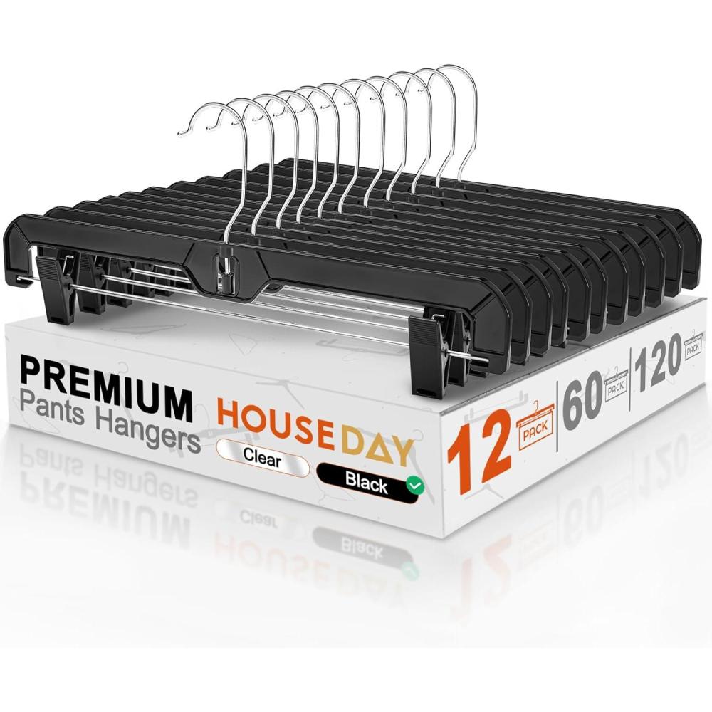 imageHOUSE DAY 120 Pack Clear Pants Hangers with Clips Plastic Skirt Hangers for Women 14 Inch Clip Hanger for Pants Skirts Jeans Shorts Legging with 360degree Swivel Hook 2 Adjustable ClipsBlack