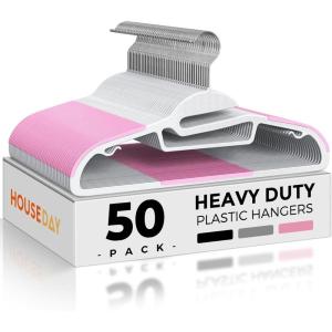 imageHOUSE DAY White Plastic Hangers 50 Pack Slim Space Saving Non Slip Hangers with Rubber Pads Heavy Duty Coat Hanger for Closet Prevent Stretching SShaped Clothes Hanger for Shirt Suit PantsWhite  Pink